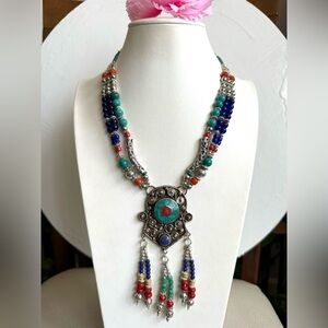 Stunning three strand boho style tribal theme handmade Tibetan silver necklace